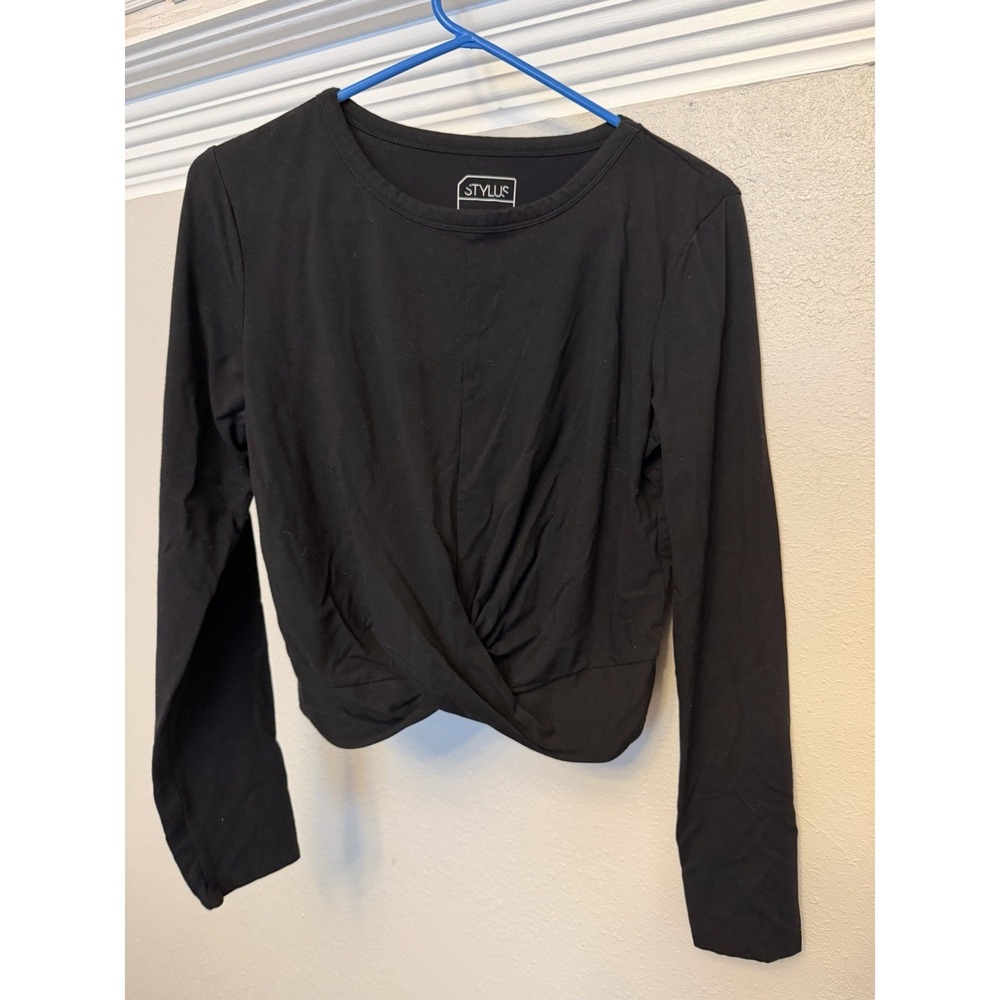 Stylus Black Twist Front Crew Neck Long Sleeve Cropped Pullover Medium